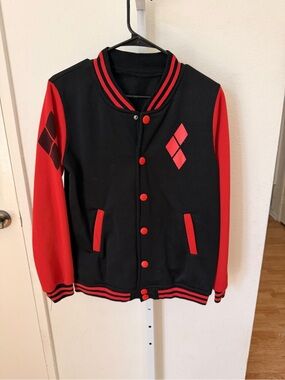Harley Quinn Black and Red Bomber Jacket with Diamond Accent